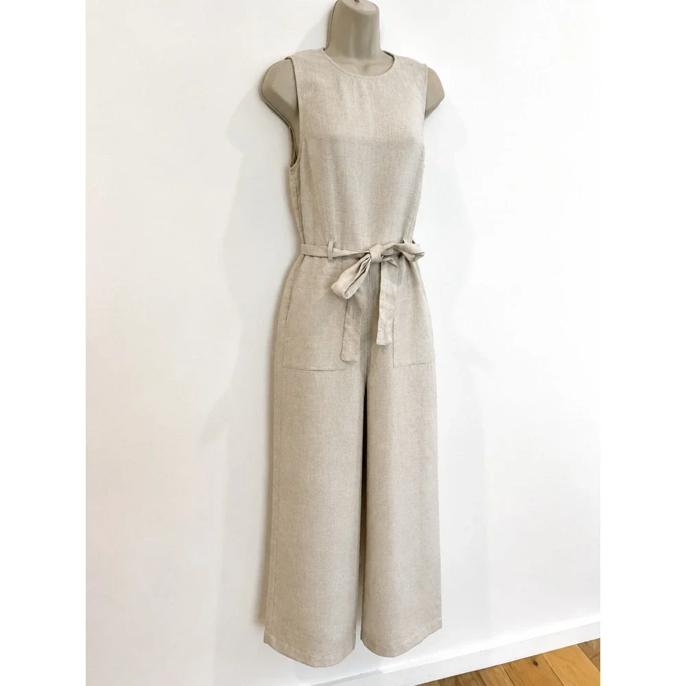 Reformation Linen Jumpsuit Naomi Sz 8 Belted Sleeveless Straight Leg Beige Flax